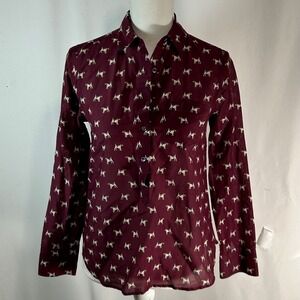 J. Crew Burgundy Dog Print Button Up Shirt Top Women OP Long Sleeve